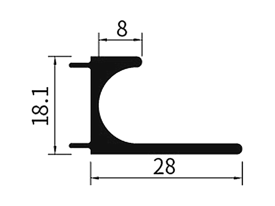 BS-11 — L-образная ручка для бесшовного фасада, сечение, размеры в мм