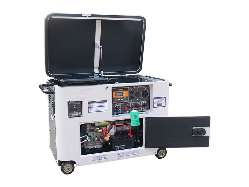 GB-6500 — 5 кВт · кожух на раме, бензин и газ, с открытыми крышкой и дверцей: панель и двигатель