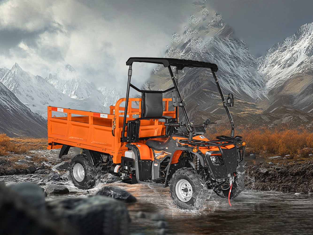 БГ-02: грузовой квадроцикл 275 см³, кузов 600 кг, 2WD, у горной реки
