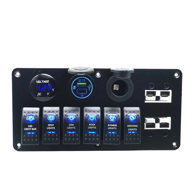 Панель на 6 клавиш с USB-C PD, вольтметром, гнездом 12 В и двумя Anderson — общий вид