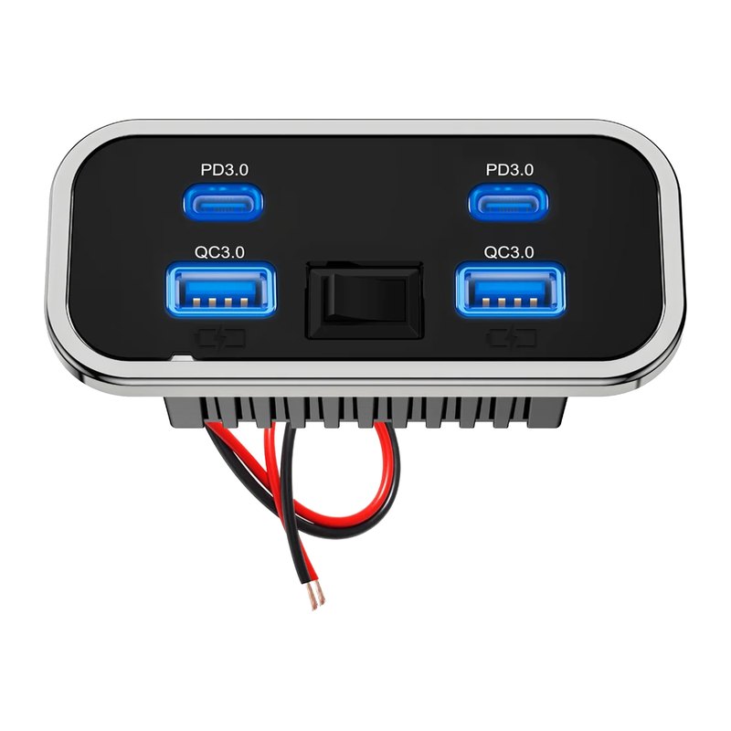 Врезная USB-панель: 2 × USB-C PD и 2 × QC 3.0 с сенсорной кнопкой — общий вид