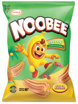 Noobee — Banana Churros — Кукурузные снеки со вкусом банана, 60 г — коробка 20 шт