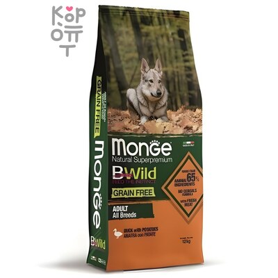 Monge Dog BWild GRAIN FREE беззерновой корм из мяса утки с картофелем для взрослых собак всех пород 12кг.