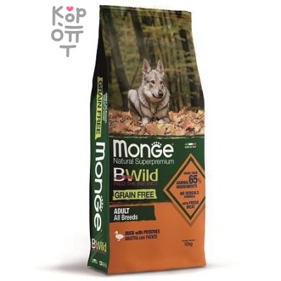 Monge Dog BWild GRAIN FREE беззерновой корм из мяса утки с картофелем для взрослых собак всех пород 12 кг