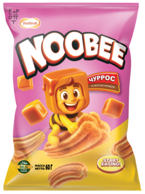 Noobee — Caramel Churros — Кукурузные снеки со вкусом карамели, 60 г — коробка 20 шт