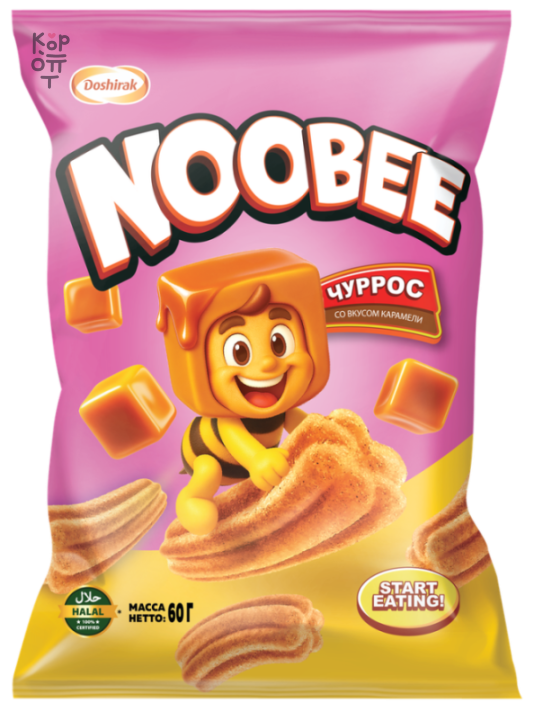Noobee — Caramel Churros — Кукурузные снеки со вкусом карамели, 60 г — коробка 20 шт