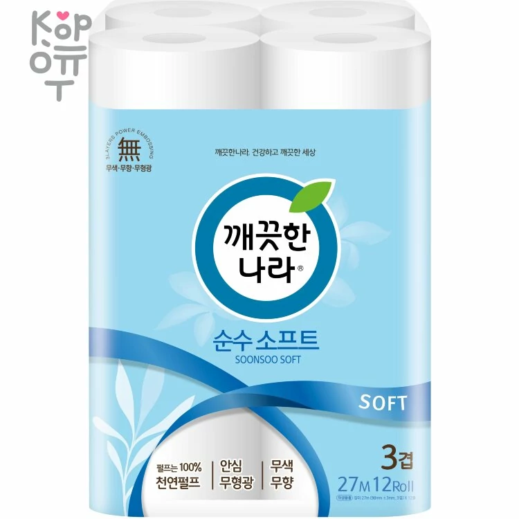 Kleannara Soonsoo Premium - Мягкая туалетная бумага трёхслойная, с выраженным тиснёным рисунком 27м.*12 рул. — Корейские товары для всей семьи(КорОпт)