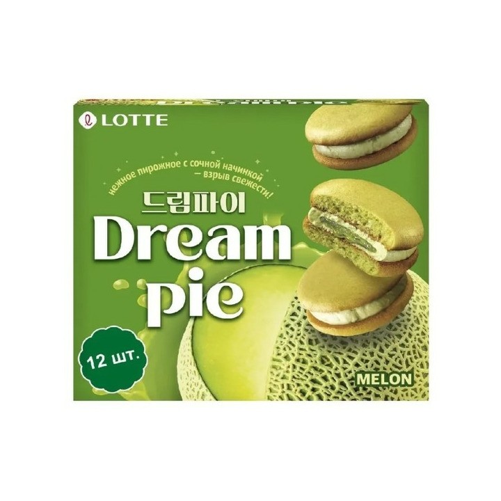 Lotte — Dream Pie Melon — Мучное кондитерское изделие со вкусом дыни, 276 г, 12 шт
