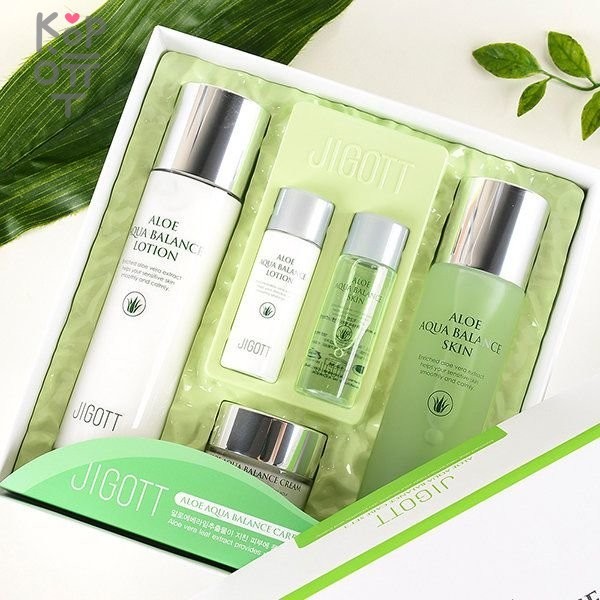 JIGOTT ALOE AQUA BALANCE SKIN CARE SET 3 Набор для лица 3 предмета + 2 мини-версии с алоэ (тонер, эмульсия, крем) ​В состав входит экстракт алоэ вера, который насыщает кожу лица влагой, успокаивает раздраженную, уставшую и сухую кожу. Состав набора: скин, лосьон, крем для лица.