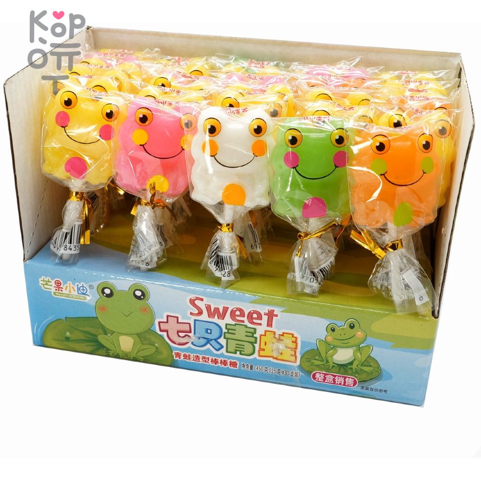 Леденец с фруктовым вкусом MangGuo sweet Frogs Веселые лягушата на палочке  по цене 25 руб. в интернет магазине Корейские товары для всей семьи(КорОпт)