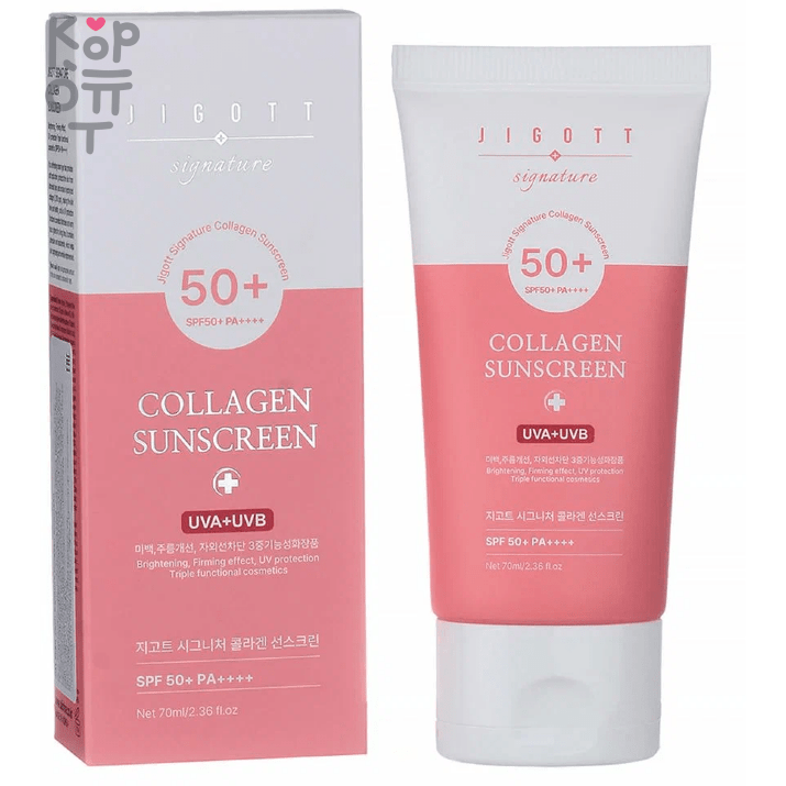 JIGOTT Signature Sunscreen SPF50++++ - Крем для лица солнцезащитный 70мл., купить с доставкой на дом Содержит гидролизованный коллаген, который сохраняет кожный барьер здоровым и эластичным.