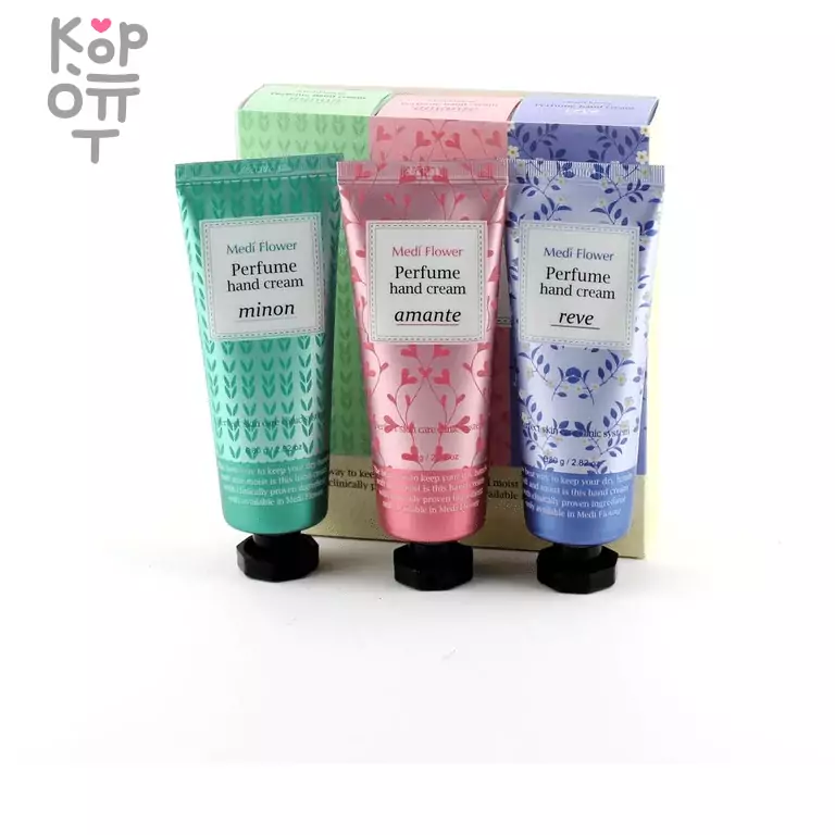 Medi Flower Perfume Three Stories Hand Cream Set - Набор парфюмированных кремов для рук 80гр.*3шт., купить с доставкой на дом фото 1 — Корейские товары для всей семьи(КорОпт)