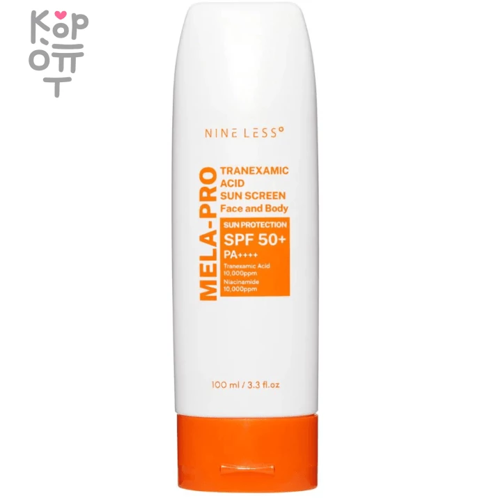 Nine Less MELA-PRO Tranexamic Acid Sun Screen - Солнцезащитный крем для лица и тела 100мл., купить с доставкой на дом Осветляющий гибридный солнцезащитный крем, в состав которого входят транексамовая кислота и ниацинамид, обеспечивает более ровный цвет лица, а также защищает кожу от вредных ультрафиолетовых лучей благодаря широкому спектру SPF50+ PA++++.