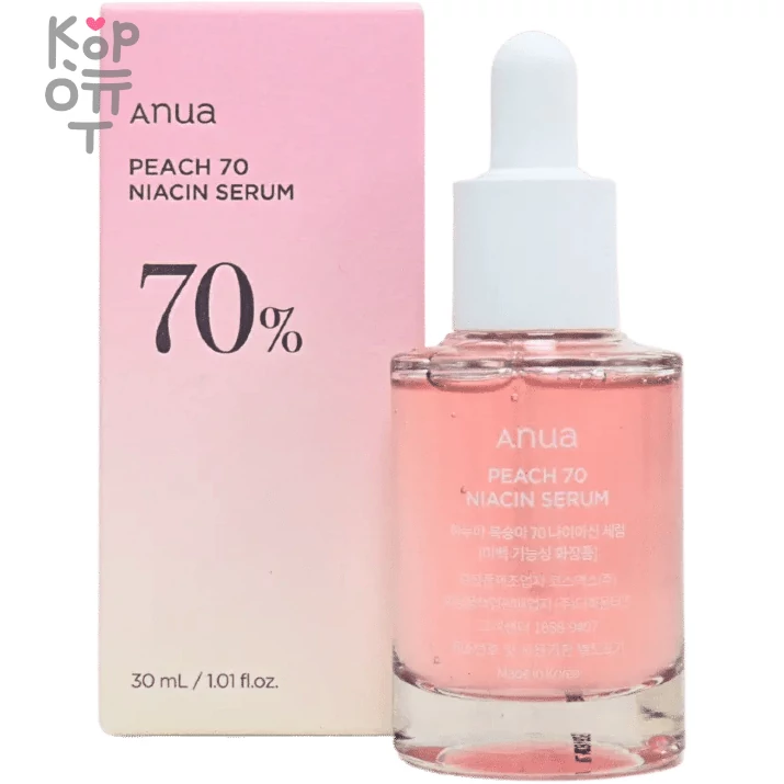 Anua Peach 70 Niacin Serum - Сыворотка с Персиком для гладкой и сияющей кожи лица 30мл., купить с доставкой на дом Сыворотка с персиком для гладкой и сияющей кожи обладает широким функционалом: выравнивает и полирует рельеф эпидермиса, способствует сужению пор, сокращает выработку кожного сала и мягко осветляет общий тон кожи.