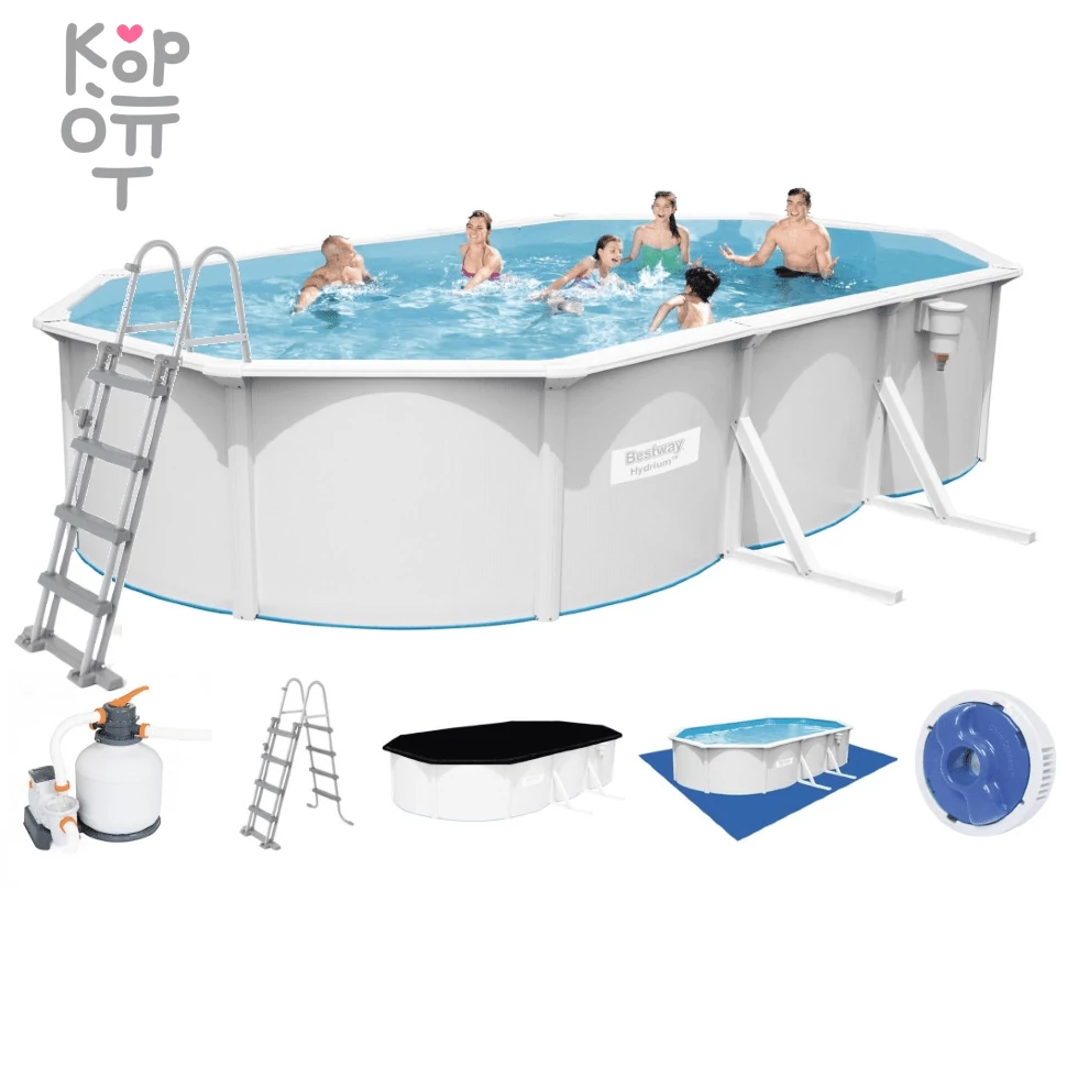 Каркасный всесезонный овальный бассейн Bestway Hydrium Steel Frame Pool модель 56586, 500х360х120см(16296л.), фильтрующий насос, тент, лестница в комплекте, купить с доставкой на дом фото 1 — Корейские товары для всей семьи(КорОпт)