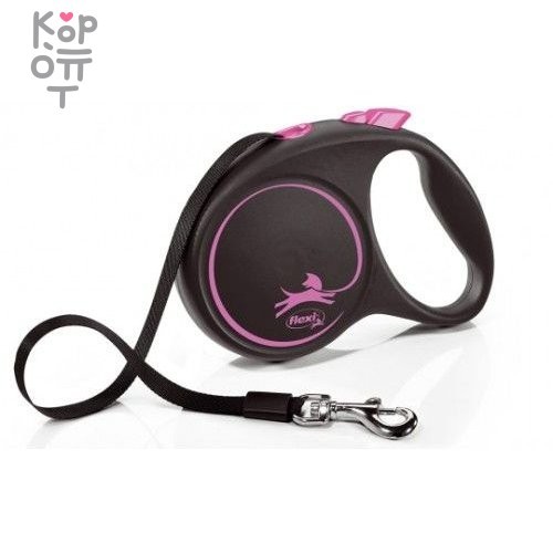 flexi рулетка Black Design M (до 25 кг) 5 м лента черный/розовый, купить с доставкой на дом фото 1 — Корейские товары для всей семьи(КорОпт)