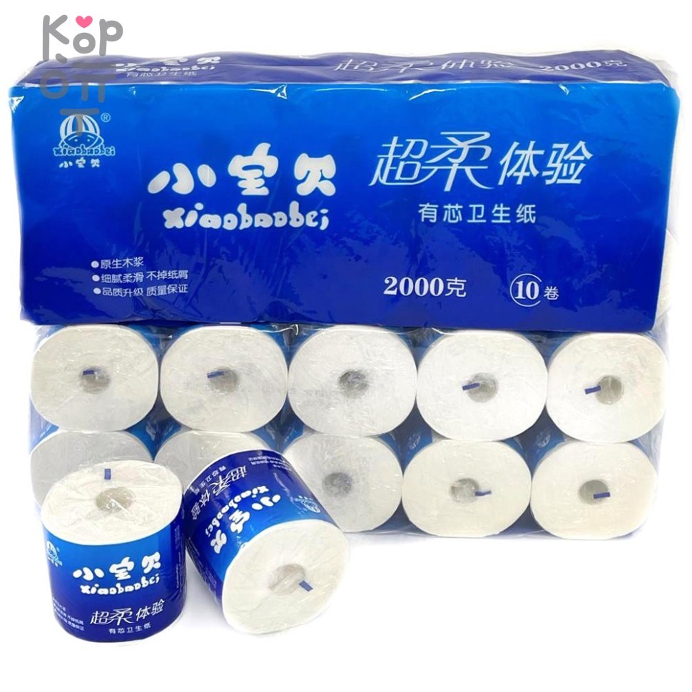 Xiaobaobei - Туалетная бумага "Семейная", узкая втулка, 4-х слойная, с перфорацией, 28,8м., 240 листов, 10 рулонов в спайке, купить с доставкой на дом фото 1 — Корейские товары для всей семьи(КорОпт)