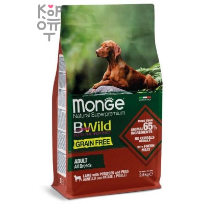 Monge Dog BWild GRAIN FREE беззерновой корм из мяса ягненка с картофелем для взрослых собак всех пород 2,5 кг