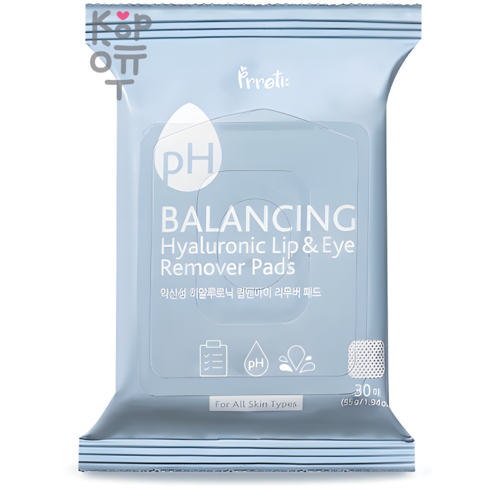 Prreti pH Balancing Hyaluronic Lip &amp; Eye Remover Pads - Очищающие спонжи для снятия макияжа с Гиалуроновой кислотой 30шт.  Салфетки Prreti pH Balancing Hyaluronic Lip & Eye Remover — уходовое средство для регулярного использования; в товаре выделяется: гиалуроновая кислота. В КорОпт можно подобрать свежие приходы азиатской косметики с хорошим остаточным сроком годности и собрать заявку по средствам регулярного ухода.