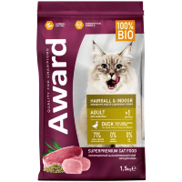 AWARD Hairball & Indoor Сухой корм для взрослых кошек для выведения шерсти с Уткой и Индейкой с добавлением Зеленой Чечевицы и Юкки Шидигера.