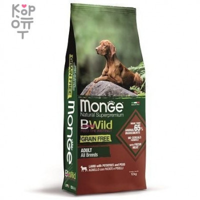 Monge Dog BWild GRAIN FREE - Беззерновой корм из мяса ягненка с картофелем для взрослых собак всех пород, 12 кг