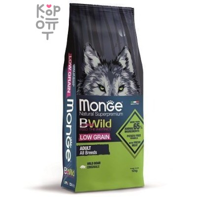 Monge Dog BWild LOW GRAIN низкозерновой корм из мяса дикого кабана для взрослых собак всех пород 12 кг