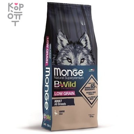 Monge Dog BWild LOW GRAIN низкозерновой корм из мяса гуся для взрослых собак всех пород 12 кг