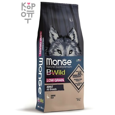 Monge Dog BWild LOW GRAIN низкозерновой корм из мяса гуся для взрослых собак всех пород 12кг.
