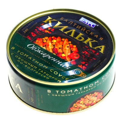 Bars — Baltic Sprats with Vegetables in Tomato Sauce — Килька балтийская Барс обжаренная в томатном соусе с овощным гарниром «По-болгарски» — 240 г — коробка 24 шт