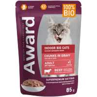 AWARD Indoor Big Cats Влажный корм для взрослых домашних кошек крупных пород кусочки в соусе с Говядиной 85гр. 