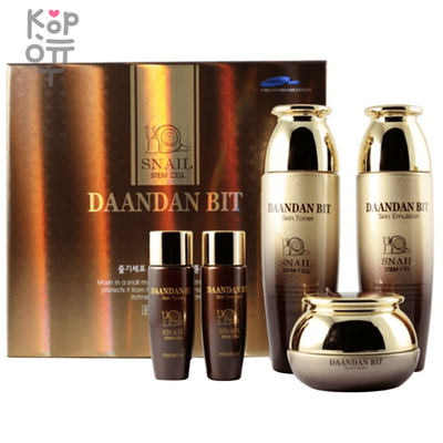 Daandan Bit Snail Stem Cell Premium 3 SET - Комплексный набор со стволовыми клетками и улиточным муцином 150 г +150 г+55 г +50 г Крем Daandan Bit Royal Premium Snail Set — уходовое средство для регулярного использования; в товаре выделяются: гиалуроновая кислота и женьшень. В КорОпт можно подобрать свежие приходы азиатской косметики с хорошим остаточным сроком годности и собрать заявку по средствам регулярного ухода.