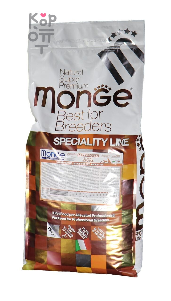 Сухой корм Monge Dog PFB Specialty Monoprotein 25/14 для взрослых собак всех пород с лососем и рисом 15кг.