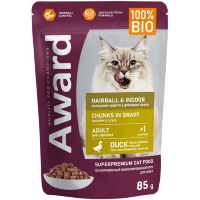 AWARD Hairball & Indoor Влажный корм для выведения шерсти у взрослых домашних кошек кусочки в соусе с Уткой 85гр.  