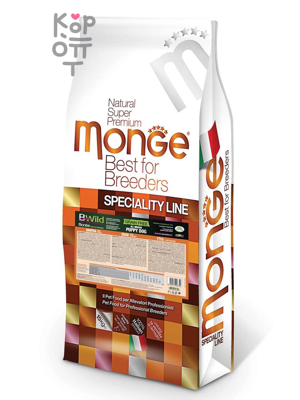 Сухой корм Monge Dog PFB BWild GRAIN FREE Puppy&Junior беззерновой из мяса утки для щенков всех пород 15кг.