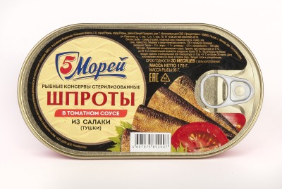 5 Morey — Salaka Sprats in Tomato Sauce — Шпроты в томатном соусе 5 Морей из салаки — 175 г — коробка 24 шт