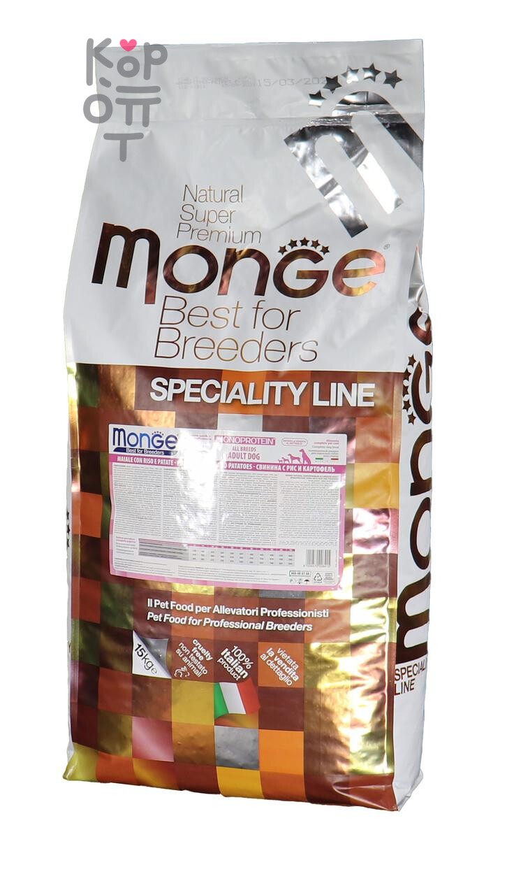 Сухой корм Monge Dog PFB Specialty Monoprotein для взрослых собак всех пород со свининой, рисом и картофелем 15кг.