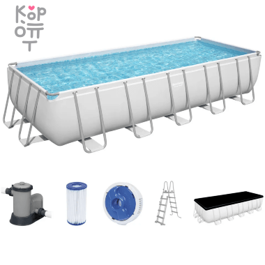 Каркасный прямоугольный бассейн Bestway Power Steel Frame Pool модель 5611Z, 640*274*132см(19281л.), фильтрующий насос, тент, лестница в комплекте — Корейские товары для всей семьи(КорОпт)