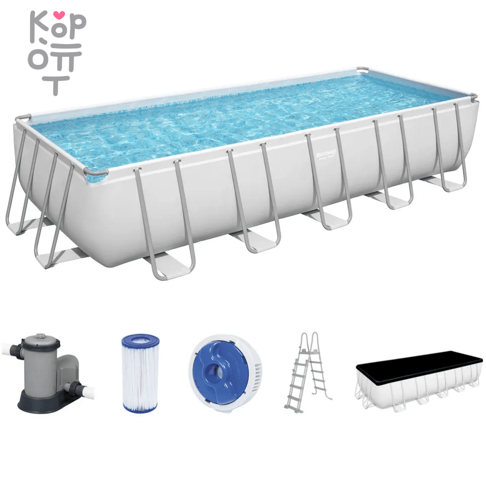 Каркасный прямоугольный бассейн Bestway Power Steel Frame Pool модель 5611Z, 640*274*132см(19281л.), фильтрующий насос, тент, лестница в комплекте, купить с доставкой на дом фото 1 — Корейские товары для всей семьи(КорОпт)