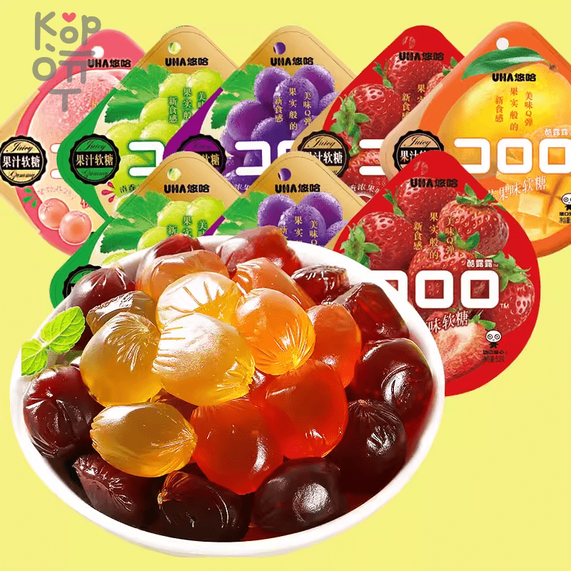 UHA CORORO Fruit Juice Gummy Strawberry - Жевательные конфеты, в японском стиле, с фруктовым соком и со вкусом Клубники, 52гр.