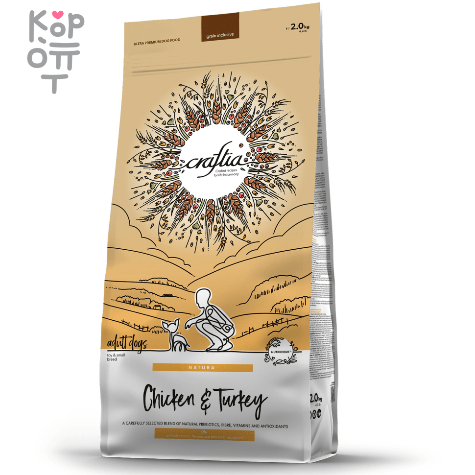 CRAFTIA NATURA Сухой корм для взрослых собак миниатюрных и мелких пород из Курицы и Индейки. 