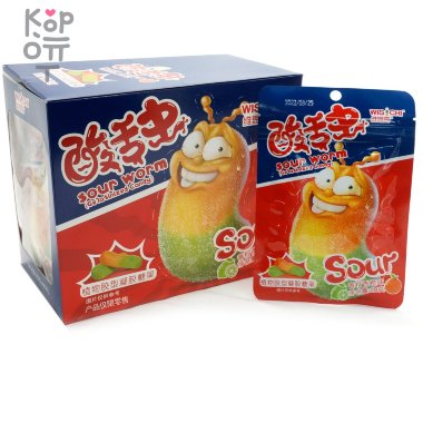 Кислая жевательная конфета Wisichi Sour Worms Gelatinized Candy - Кислые черви со вкусом Лайма и Апельсина — Корейские товары для всей семьи(КорОпт)