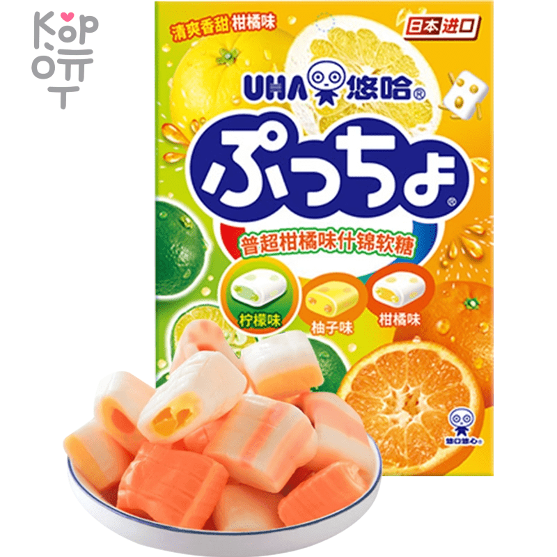 Uha Puchao Assorted Citrus Flavour Soft Candy - Жевательные конфеты, Ассорти помадок со вкусом цитрусовых, 90гр.