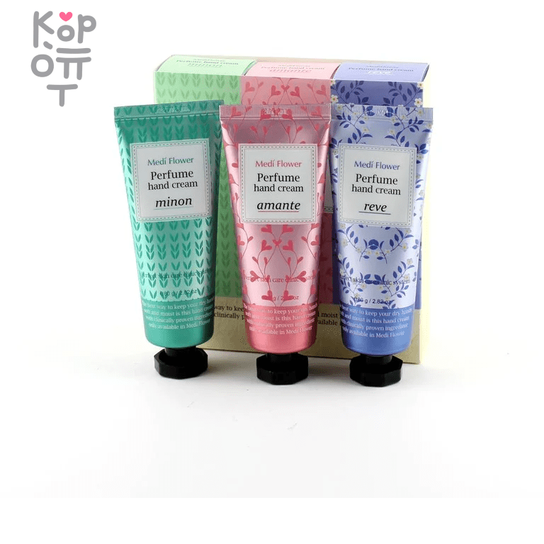 Medi Flower Perfume Three Stories Hand Cream Set - Набор парфюмированных кремов для рук 80гр.*3шт., купить с доставкой на дом фото 1 — Корейские товары для всей семьи(КорОпт)