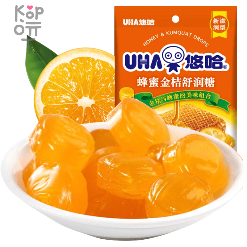 UHA Honey Shurun ​​Candy Kumquat - Освежающие Леденцы от боли в горле, в японском стиле, Мед и Кумкват, 103гр., купить с доставкой на дом фото 1 — Корейские товары для всей семьи(КорОпт)