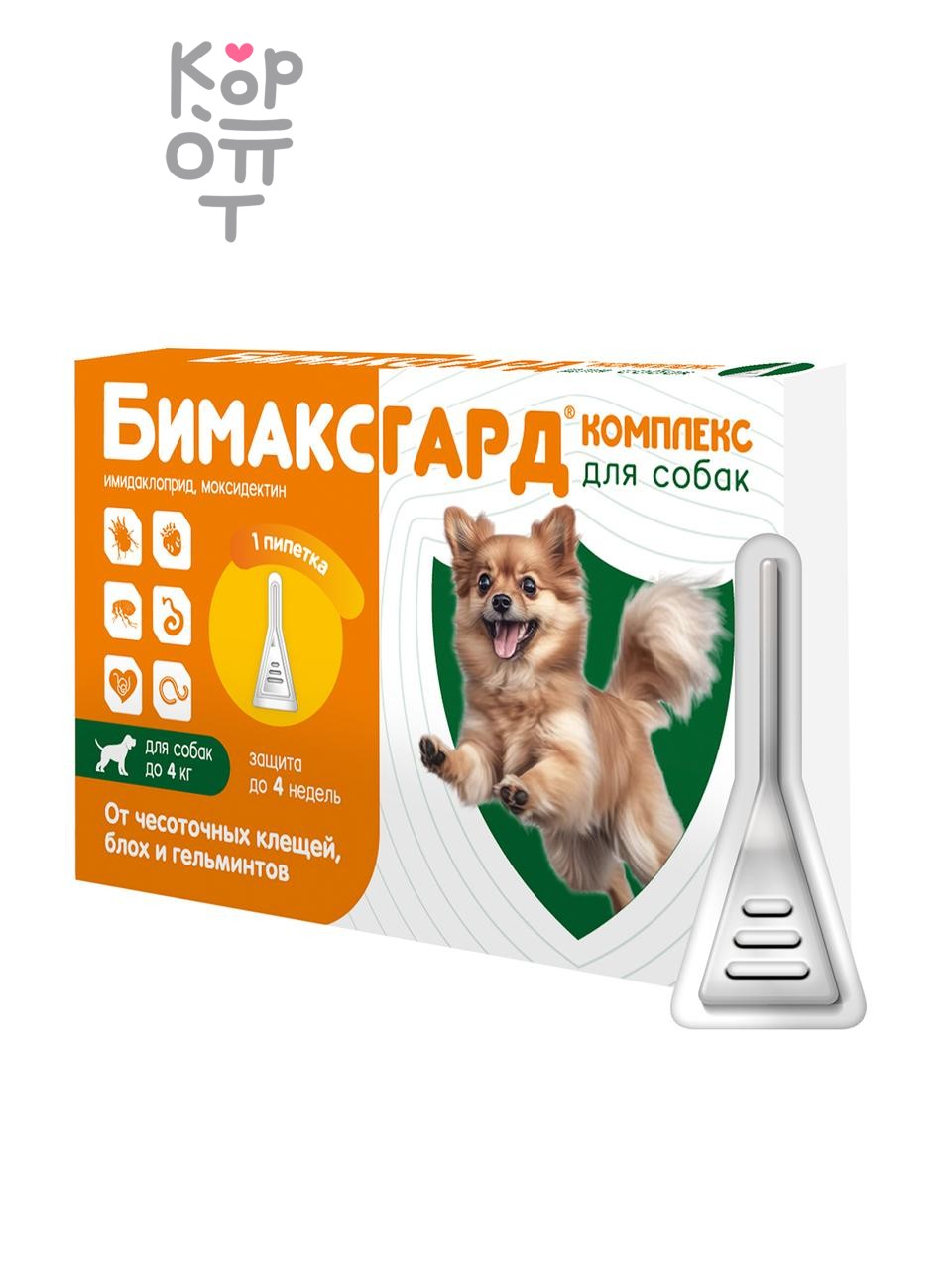 Бимаксгард® КОМПЛЕКС капли для собак до 4кг. от чесоточных клещей, блох и гельминтов (1 пипетка х 0,4мл.)