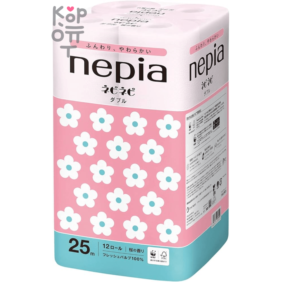 NEPIA "Nepi Nepi" - Ароматизированная двухслойная туалетная бумага 25м., 12 рулонов, с ароматом Сакуры.
