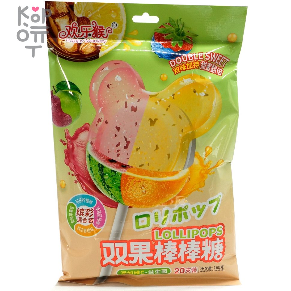Конфетки Happy Monkey LolliPops "Фруктовые леденцы" с витамином С, 160гр.