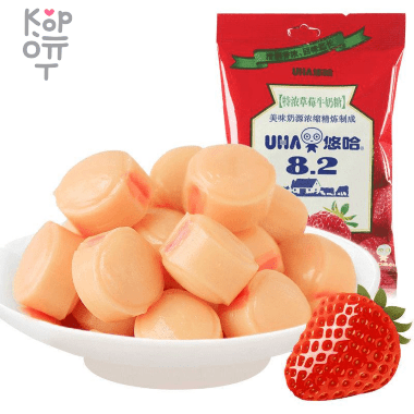 UHA Tokuno Milk 8.2 Strong Strawberry Candy - Очень толстая молочная конфета, в японском стиле, со вкусом Клубники, 102гр. — Корейские товары для всей семьи(КорОпт)
