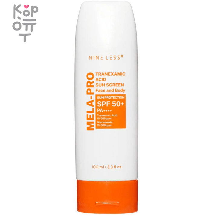 Nine Less MELA-PRO Tranexamic Acid Sun Screen - Солнцезащитный крем для лица и тела 100мл., купить с доставкой на дом Осветляющий гибридный солнцезащитный крем, в состав которого входят транексамовая кислота и ниацинамид, обеспечивает более ровный цвет лица, а также защищает кожу от вредных ультрафиолетовых лучей благодаря широкому спектру SPF50+ PA++++.