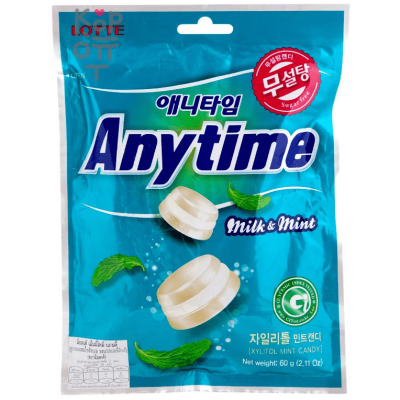 Lotte Anytime Milk Mint - Карамель леденцовая с ксилитолом, молочная 60гр.